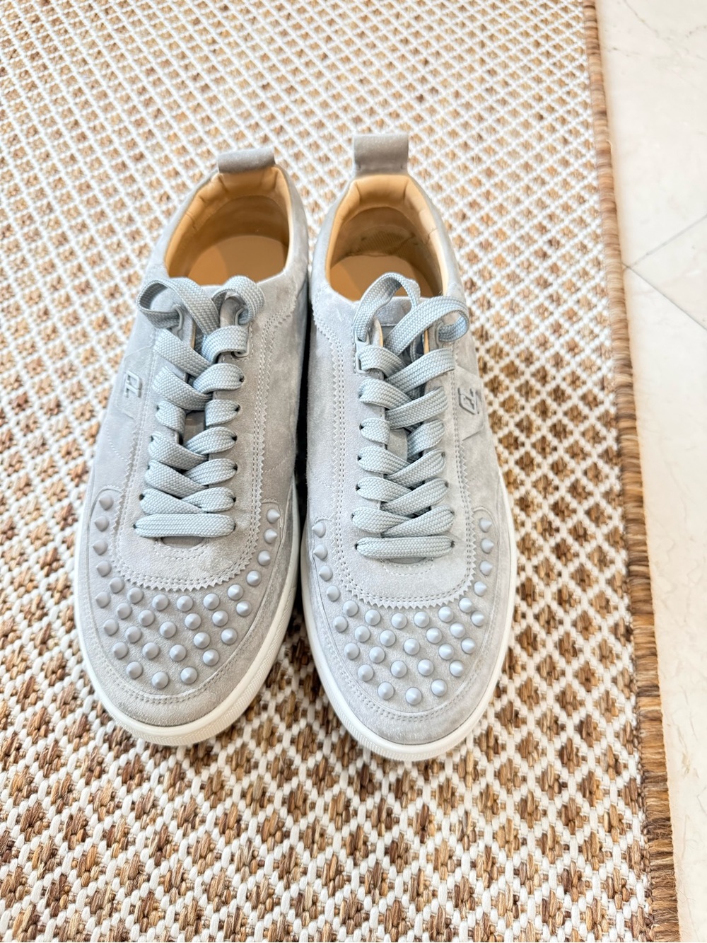 Christian Louboutin Light Gray Suede Studded Low-Top Sneakers